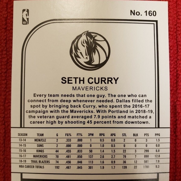 Seth Curry 2019-20 Panini NBA Hoops Card #160 Dallas Mavericks - Picture 2 of 3